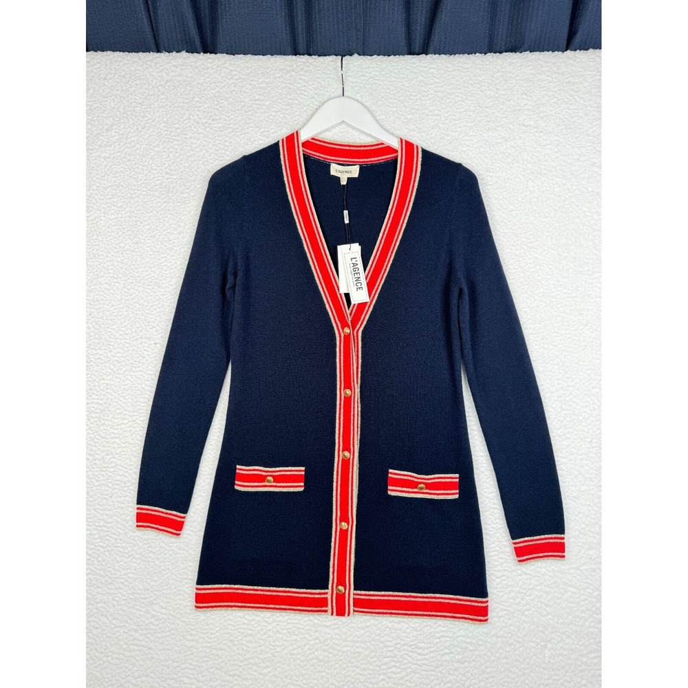 NEW $475 - L'Agence Ariel Cardigan Sweater - Womens XS Blue Red - Wool Cashmere